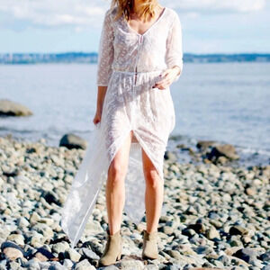 White Lacy Embroidered Maxi Dress Festival Summer Boho Kimono Medium